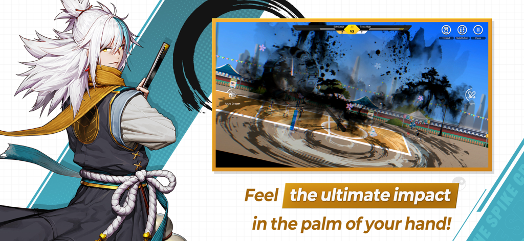 The Spike - Volleyball Story - An anime character beside a screen showing high impact volleyball gameplay with stylized visual effects