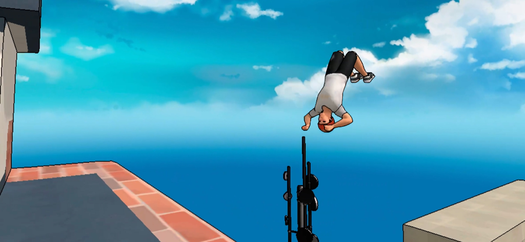 Red Bull Playgrounds - A parkour athlete performing a backflip trick on a rooftop against a blue sky in Red Bull Playgrounds