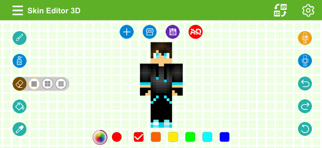 Skin Editor 3D - A 3D character skin editor interface with drawing tools and a color palette for customizing game avatars.