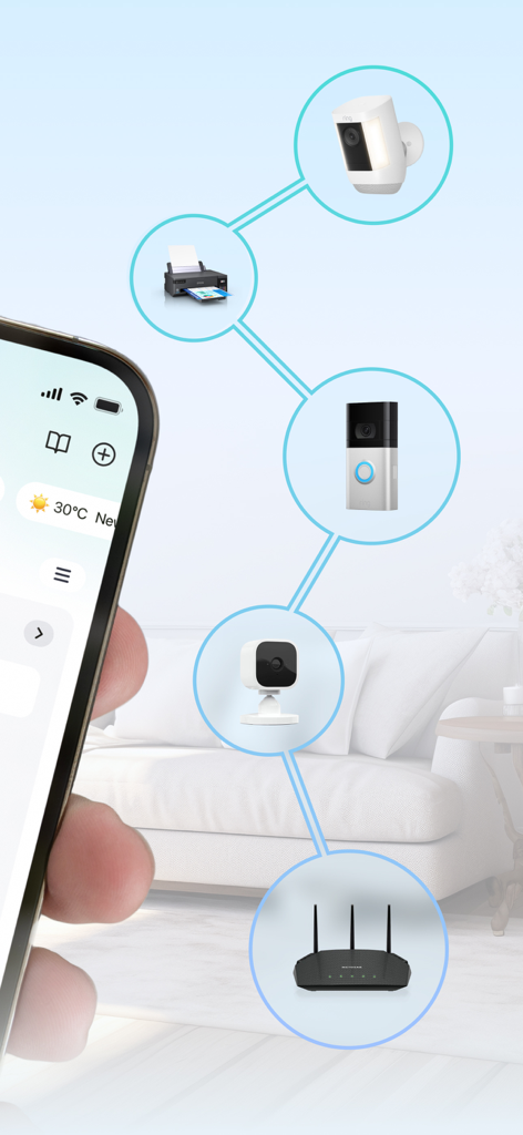 Una aplicación de teléfono inteligente que gestiona una red de dispositivos domésticos inteligentes que incluyen cámaras de seguridad y un enrutador