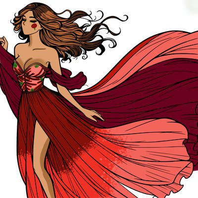 realistic woman in dress flowing the the wind