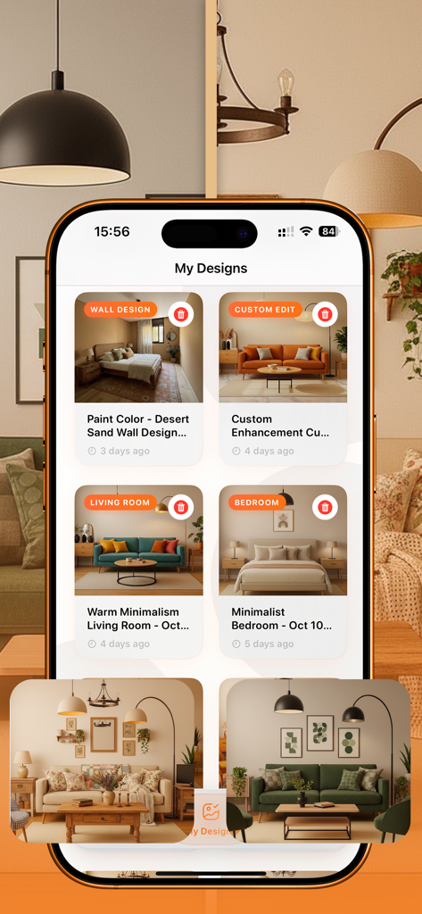 SnapDecor - Decor homestyler - Tela de smartphone mostrando uma galeria de conceitos de design de interiores gerados por IA, incluindo reformas de sala de estar e quarto no aplicativo SnapDecor