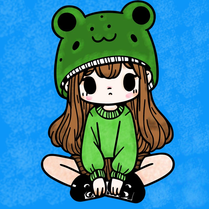 a girl wearing a frog hat and some frog socks