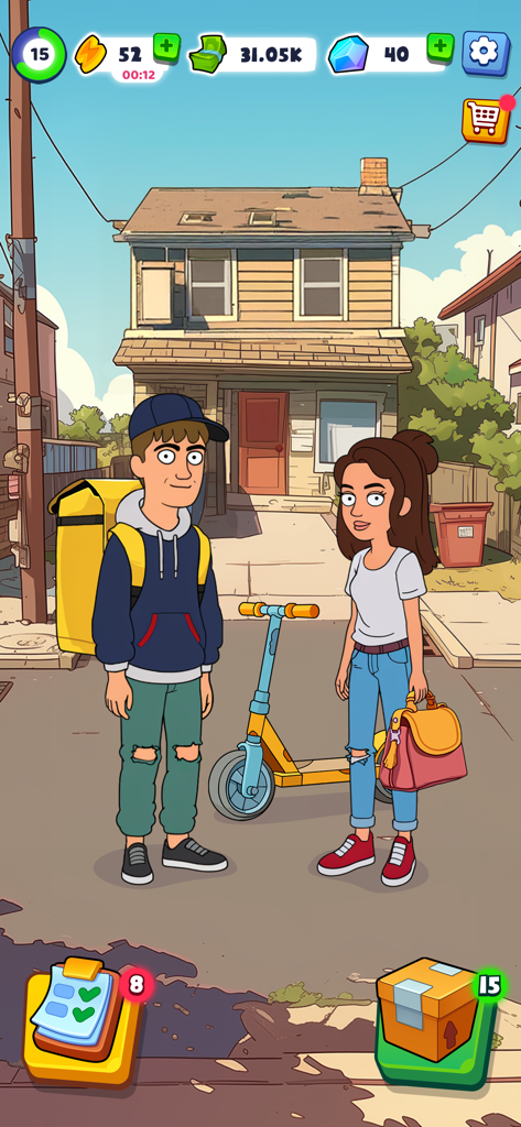 Merge Millionaire：Rich Craft - Dois personagens de desenho animado e uma scooter elétrica em frente a uma casa modesta em Merge Millionaire