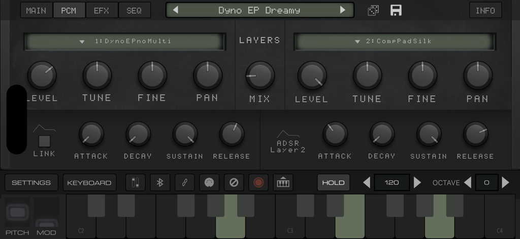 Benutzeroberfläche der King of FM Musik-App mit Synthesizer-Reglern zum Schichten von Sounds und einer virtuellen Klaviatur