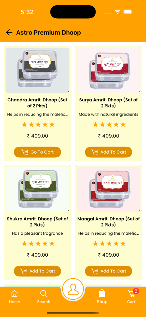 The shop section of the GD Vashist AstroScience app displaying premium dhoop products with pricing and ratings.