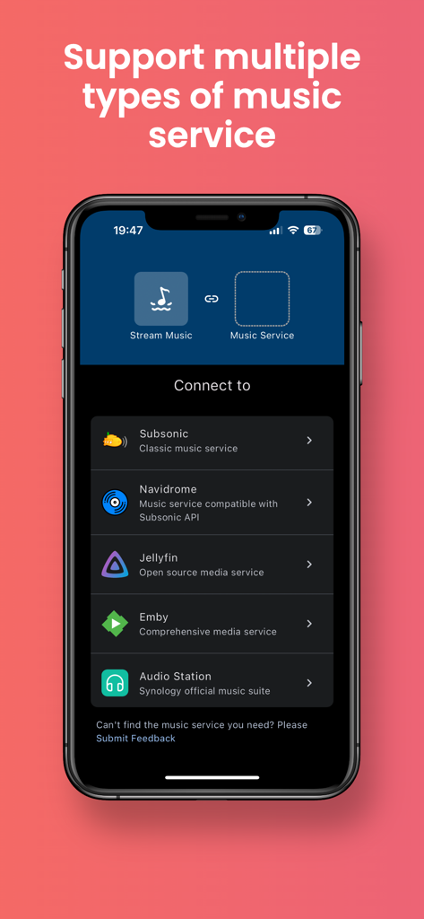 Musiver - Enjoy music - Mobile app screen showing Musiver interface for connecting to self-hosted music services like Subsonic Navidrome and Jellyfin