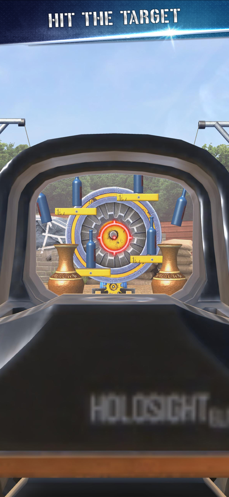 Guns Master - ホログラフィックサイトを通して射撃ギャラリーのターゲットを狙う一人称視点。