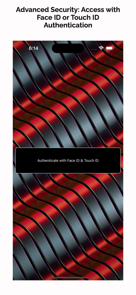Protocol O document scanner app biometric authentication screen using Face ID or Touch ID for advanced security