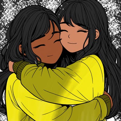 realistic two girls hugging