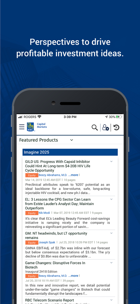 RBC Insight Research - RBC Insight Research app mobile interface showing a list of institutional financial investment reports and market analysis