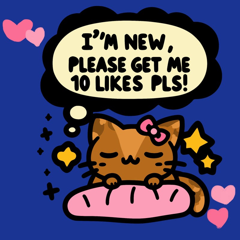 kitty taking a nap dream talking and saying "i'm new, please get me at least 10 likes pls!!"