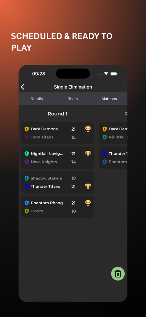 Bracket & Scheduler - Mobil-App-Bildschirm, der die Erstrunden-Single Elimination-Spiele und Ergebnisse für ein Sportturnier anzeigt.
