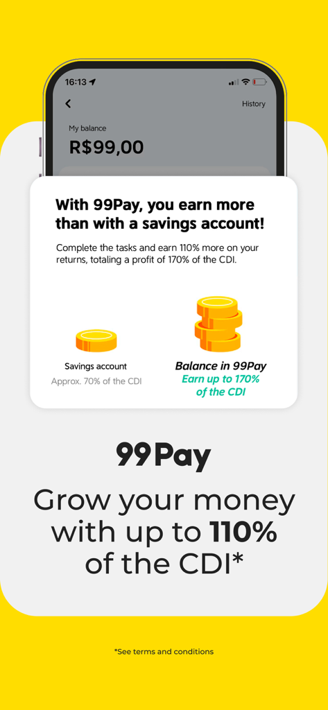 L'interface du compte numérique 99Pay affiche une comparaison des gains avec l'épargne traditionnelle basée sur le taux CDI.