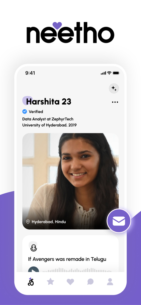 Neetho dating app interface showing a verified female user profile with cultural icebreaker prompts