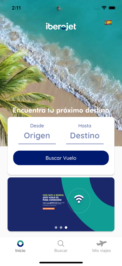 Pantalla de inicio de la app Iberojet Airlines con un widget de búsqueda de vuelos e imágenes de destinos de playa