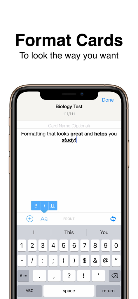 Flash Cards Flashcards Maker - Interface do aplicativo móvel mostrando opções de formatação de texto como negrito, itálico e sublinhado para criar flashcards de biologia.
