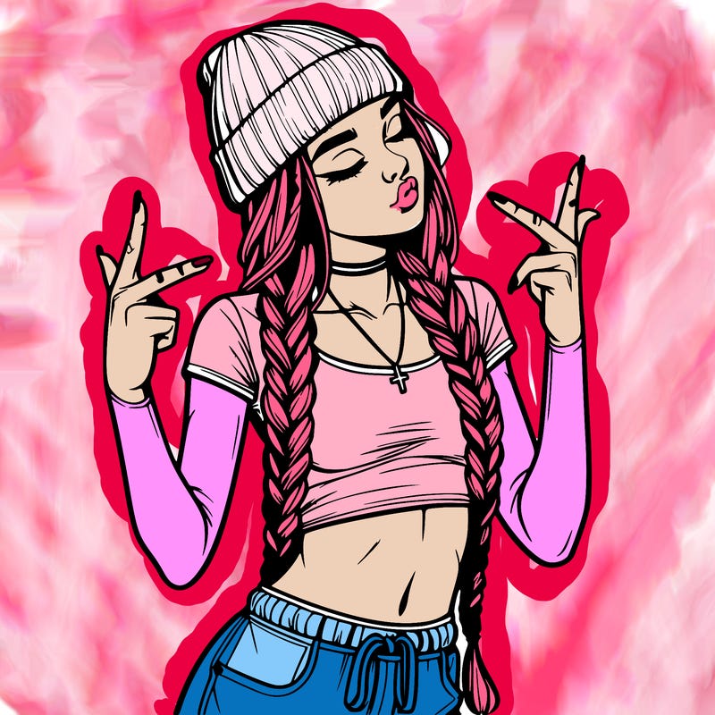realistic teenage girl with braids and a beanie and crop top doing 🫶🏼