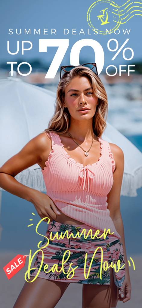 Modlily-Online Shopping - Banner promozionale Modlily per saldi estivi con una donna che indossa un top rosa e una gonna floreale che promuove sconti fino al 70 percento