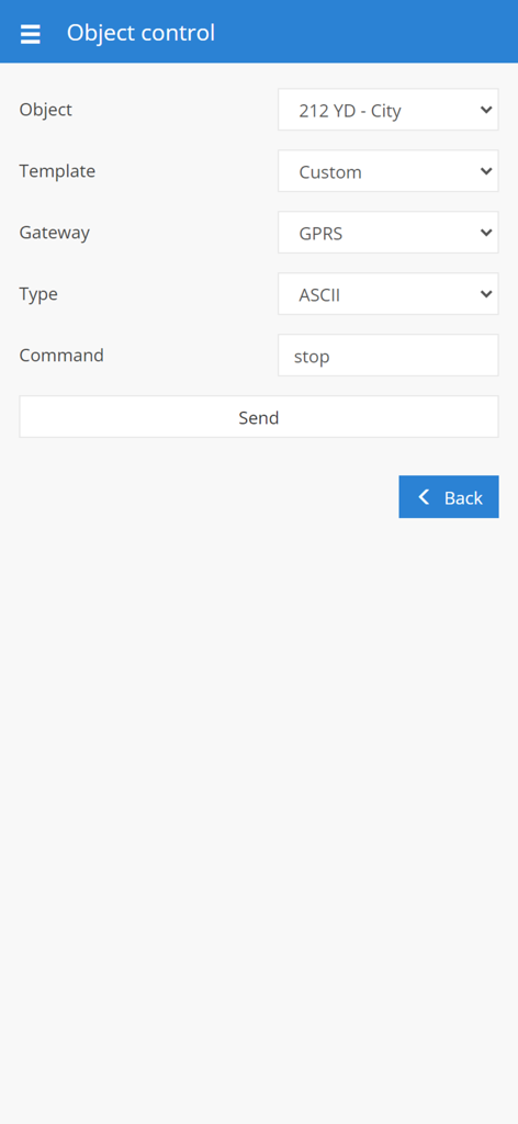 Interface for sending remote commands to assets within the AYUN GPS SERVER app