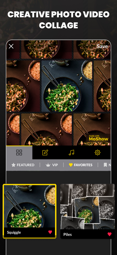 MoShow Slideshow Maker Video - Interface de l'application MoShow montrant un collage vidéo créatif de photos de nourriture