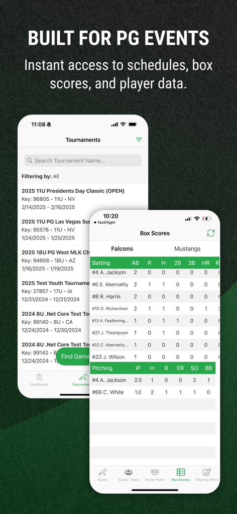 DiamondKast Scoring App - DiamondKast Scoring App interface displaying tournament schedules and detailed baseball player box scores.