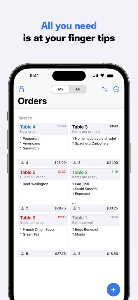 iikoWaiter App Bestellbildschirm, der mehrere Tischzusammenfassungen mit Bestellstatus und Artikeln anzeigt