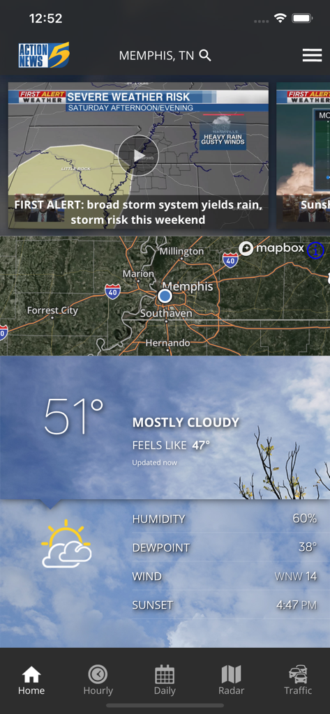 WMC5 First Alert Weather - WMC5 First Alert Weather app dashboard featuring local Memphis TN forecast and severe weather alerts.