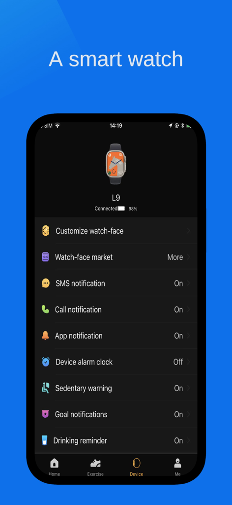 JWEAR - JWEAR app device settings screen showing connected smartwatch battery life and notification controls for calls, SMS, and sedentary reminders.