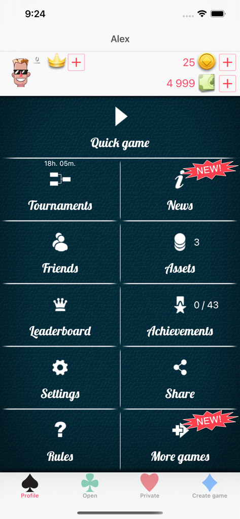 Hauptmenü des Mau-Mau Online Kartenspiels, das verschiedene Spielmodi und Optionen anzeigt