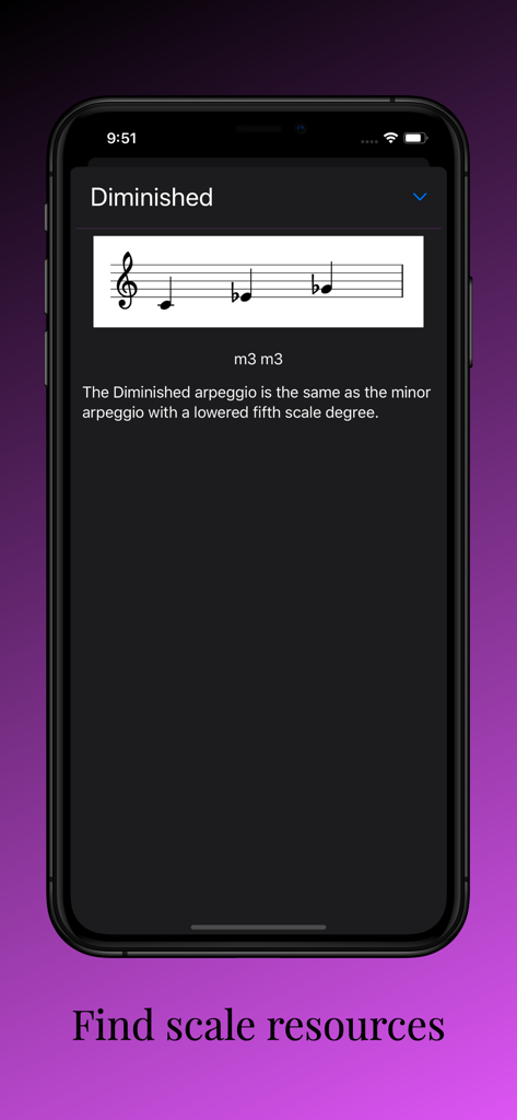 Diminished arpeggio reference screen with musical notation and theory description in the Scale Practice app.