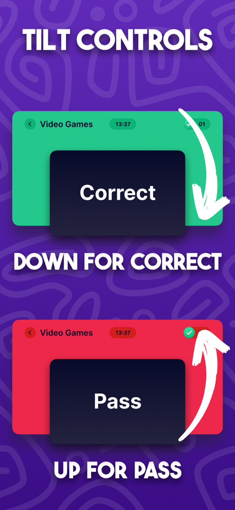 Charades: Family Games Night - Captura de pantalla que explica los controles de inclinación en la app de Charadas, donde inclinar hacia abajo es correcto e inclinar hacia arriba es pasar
