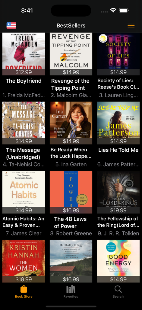 BestSellers for Book Store - Screenshot der Bestseller-App, der ein Raster von Top-Ranked-Büchern und ihren Preisen zeigt