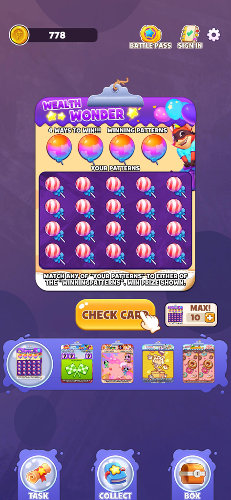 Scratch Go:Cartoon Game - Interface of the Scratch Go mobile app showing a cartoon scratch card with lollipop and balloon patterns