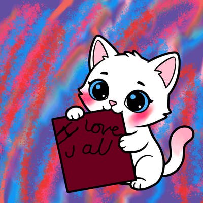 a small cat with a blank sheet of paper in its hand. the cat is sooooooo cute!