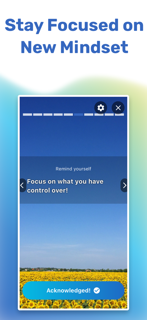 Peaceful: CBT Thought Journal - ひまわり柄の背景を持つPeaceful CBTアプリの考え方リマインダー画面