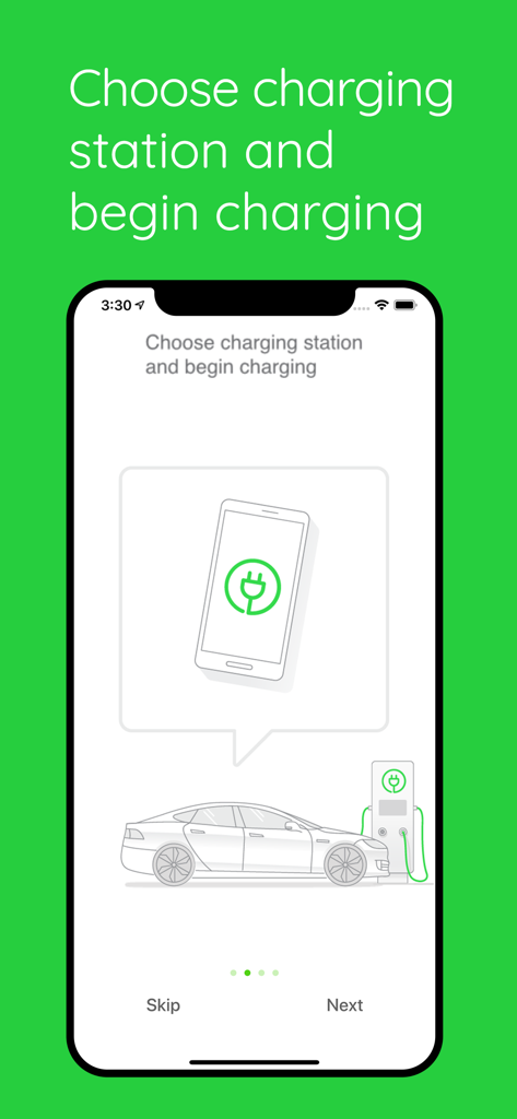 Elocity - Elocity mobile app interface showing a car charging at an electric station with instructions to choose a station