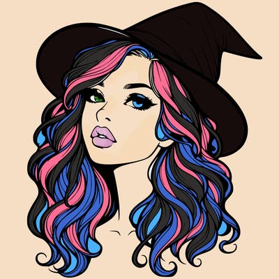 realistic witch girl with wavy hair and lips
