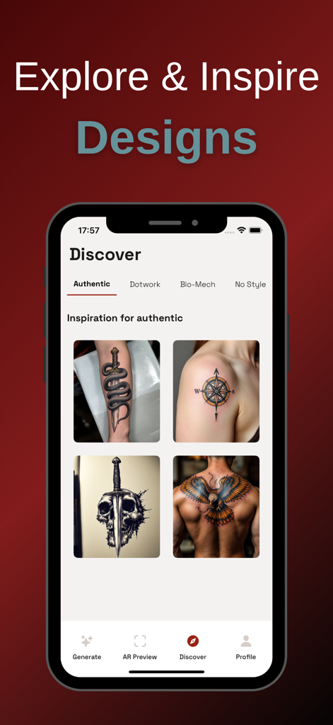 AI Tattoo Design・ TattooLab - Pantalla de descubrimiento de la aplicación TattooLab que muestra varias inspiraciones y estilos de diseño de tatuajes