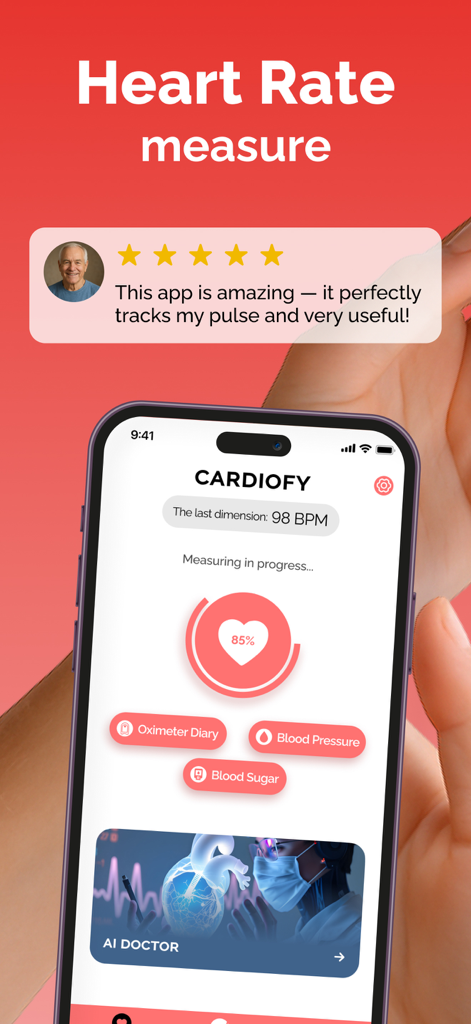 Heart Rate Monitor Variability - Teléfono inteligente mostrando la interfaz del monitor de frecuencia cardíaca de Cardiofy con una reseña de usuario de cinco estrellas
