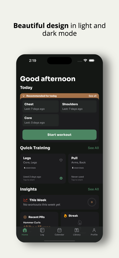 BooFit - Gym Workout Tracker - BooFit gym workout tracker home screen in dark mode showing recommended muscle groups and training insights