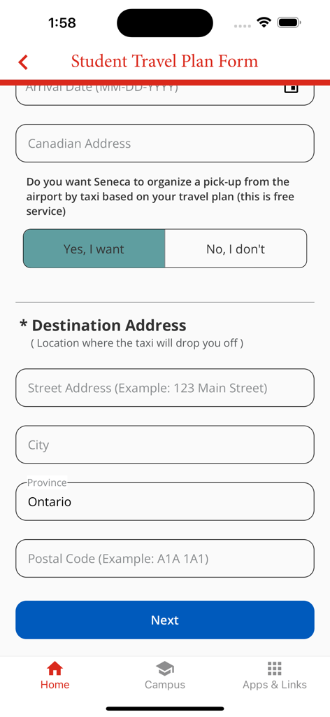 Seneca Mobile - A mobile screen showing the Seneca Student Travel Plan Form for airport pickup services with destination address fields.