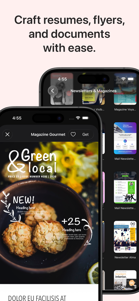 Pantalla de la aplicación del iPhone mostrando plantillas de revistas y boletines informativos.