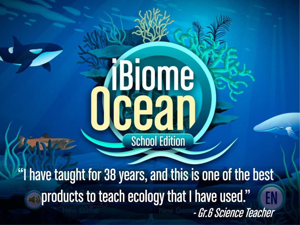 iBiome-Ocean: School Edition - iBiome-Ocean School Edition title screen with orca and science teacher testimonial