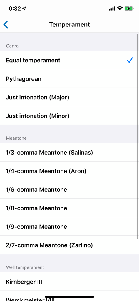 List of musical temperament options in the Tuner by Piascore app