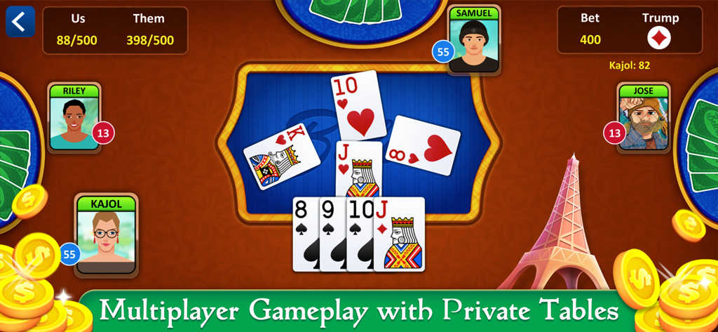 Belote: Trick-taking Card Game - Interface do jogo de cartas Belote mostrando jogabilidade multijogador com mesas privadas e avatares de jogadores