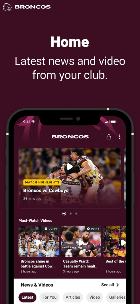 Brisbane Broncos - Brisbane Broncos official app home screen showing latest rugby news and match highlights