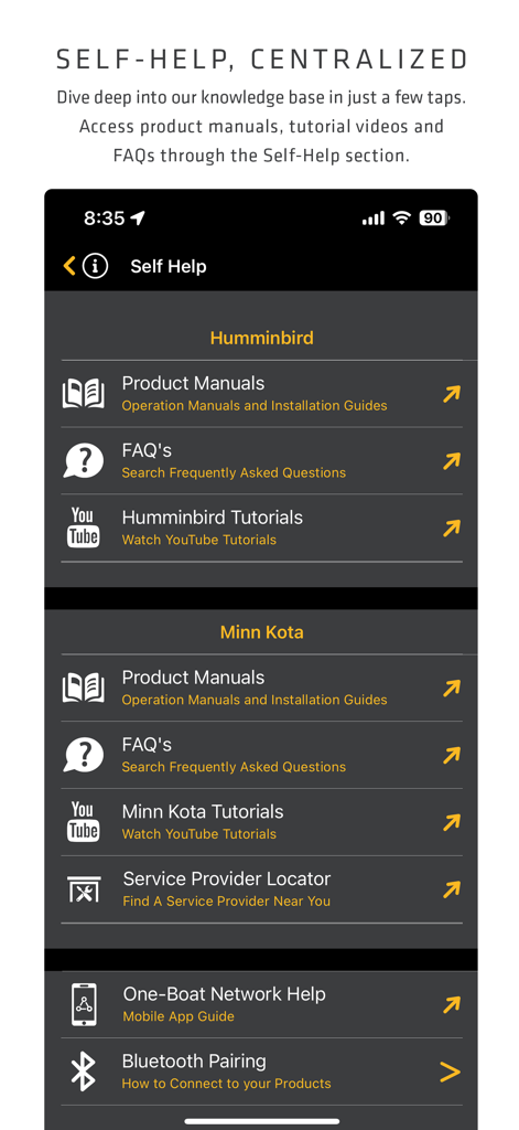 The self help section of the One-Boat Network app featuring product manuals and tutorials for Humminbird and Minn Kota electronics