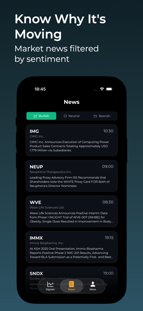 Screenshot of the Stock Pulse app showing stock market news filtered by bullish sentiment