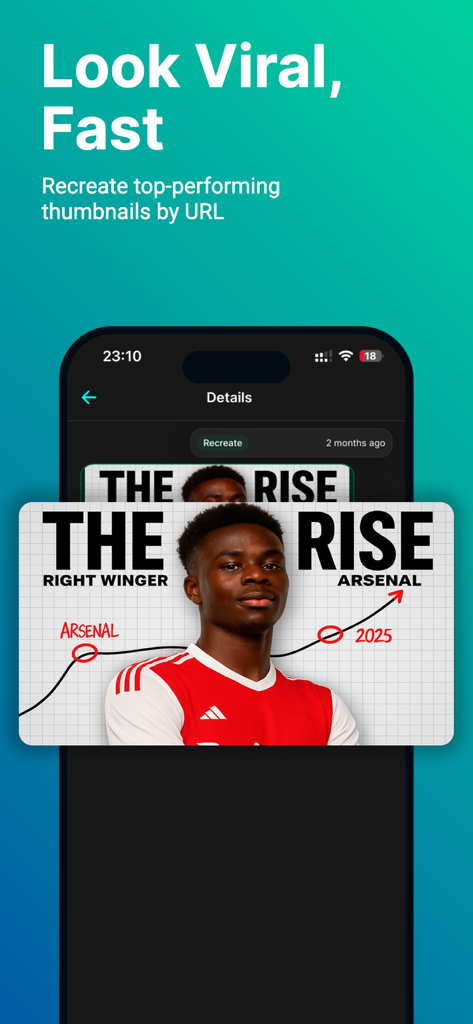 Viralth : Ai Thumbnail Maker - Interfaz de la aplicación Viralth mostrando la función para recrear miniaturas de YouTube de alto rendimiento por URL